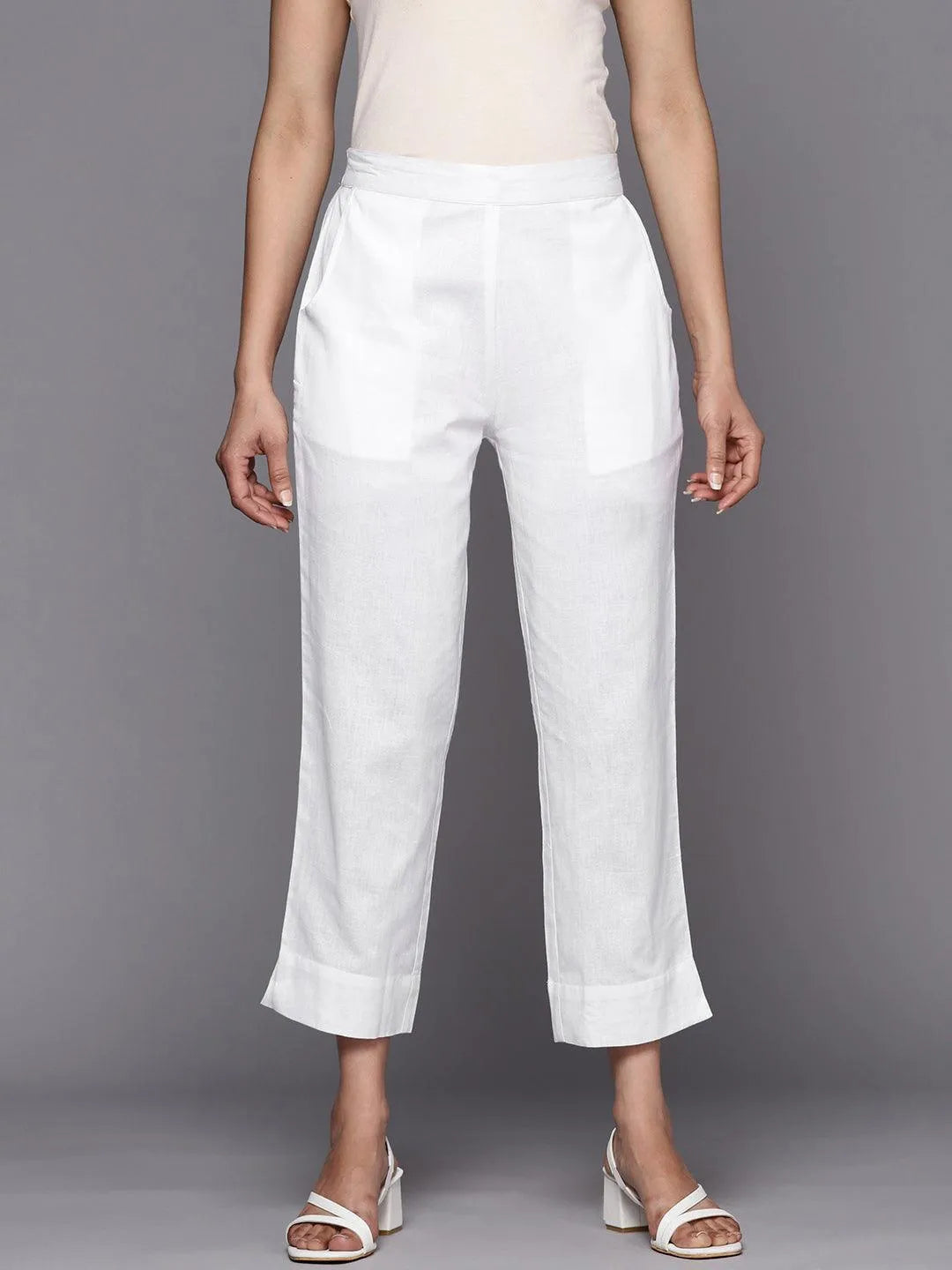 White Solid Cotton Trousers