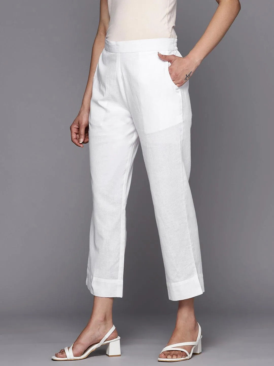 White Solid Cotton Trousers