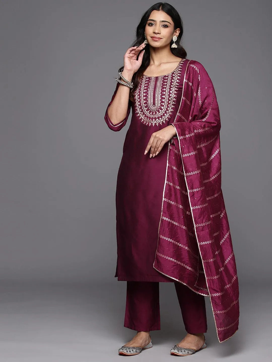 Wine Yoke Design Silk Blend Straight Kurta With Trousers & Dupatta - Libas