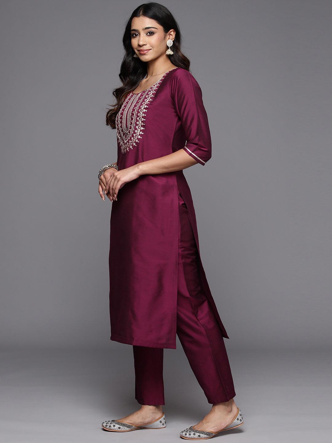 Wine Yoke Design Silk Blend Straight Suit With Dupatta