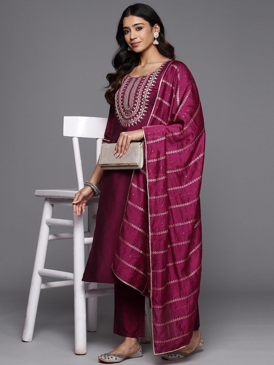 Wine Yoke Design Silk Blend Straight Suit With Dupatta