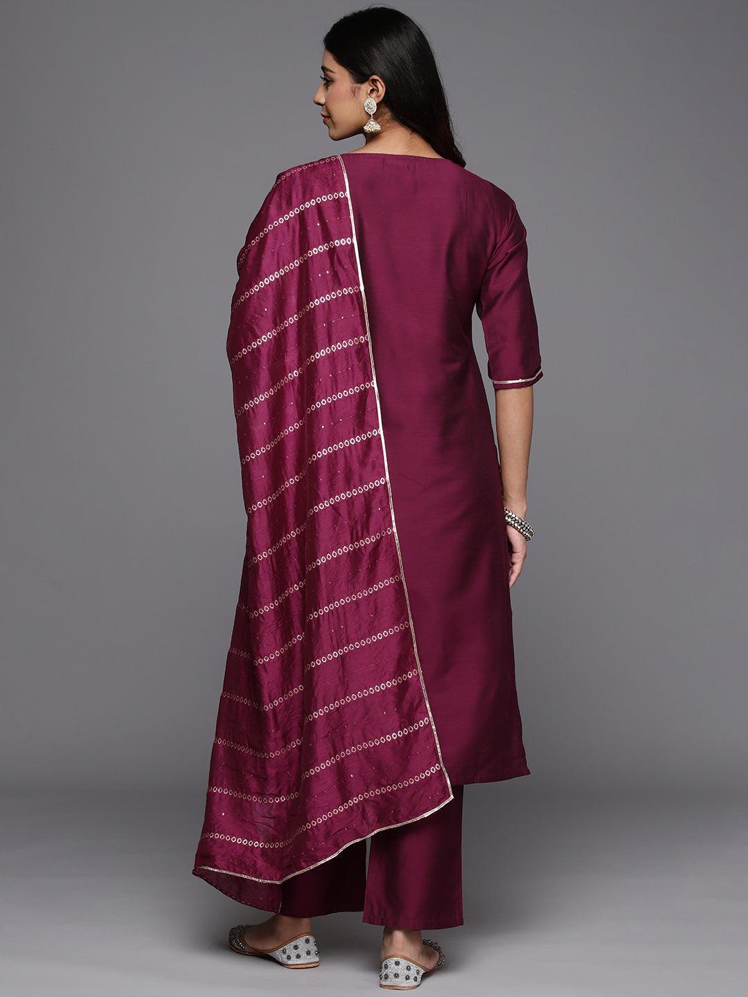 Wine Yoke Design Silk Blend Straight Suit With Dupatta