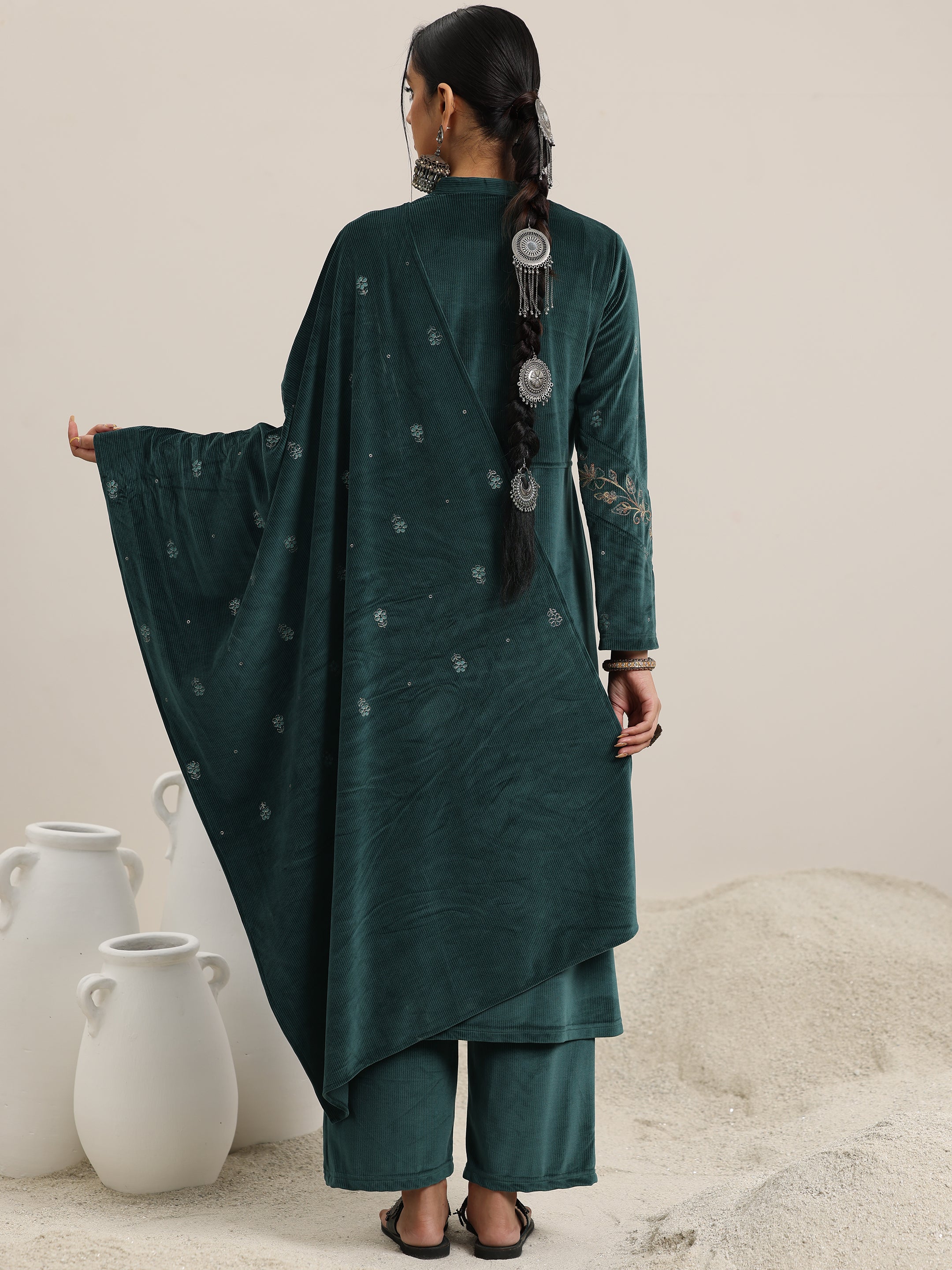 Green Embroidered Velvet A-Line Kurta With Trousers & Dupatta