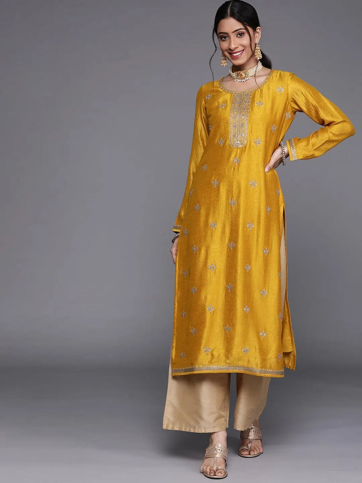 Yellow Embellished Silk Kurta - ShopLibas