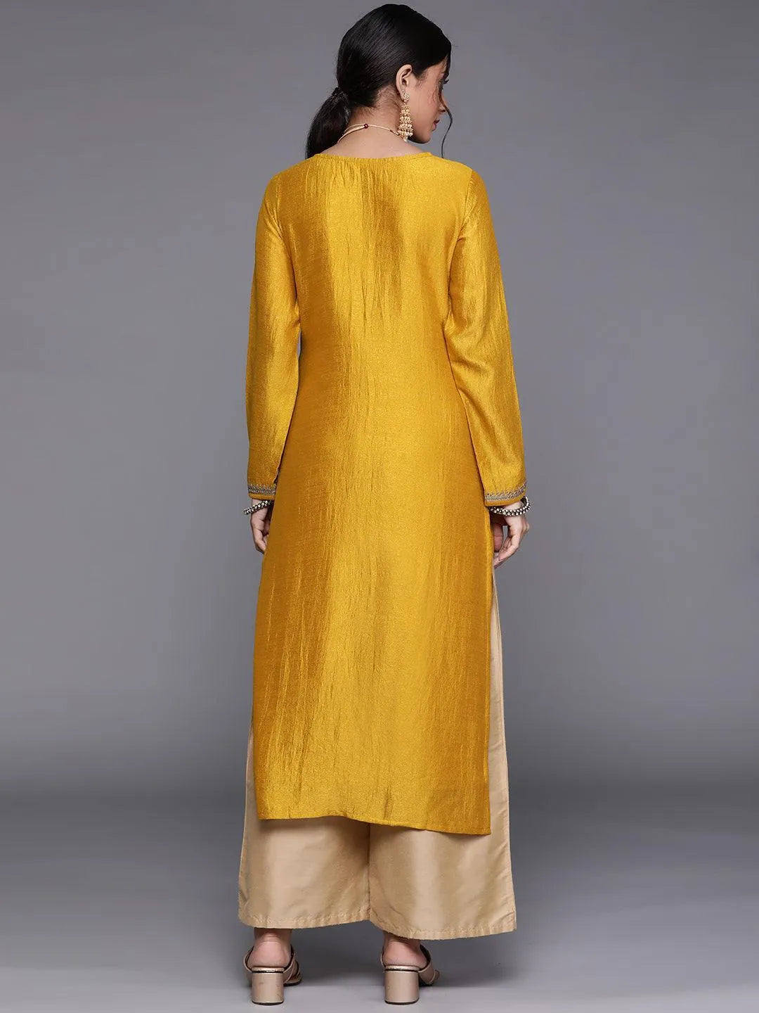 Yellow Embellished Silk Kurta