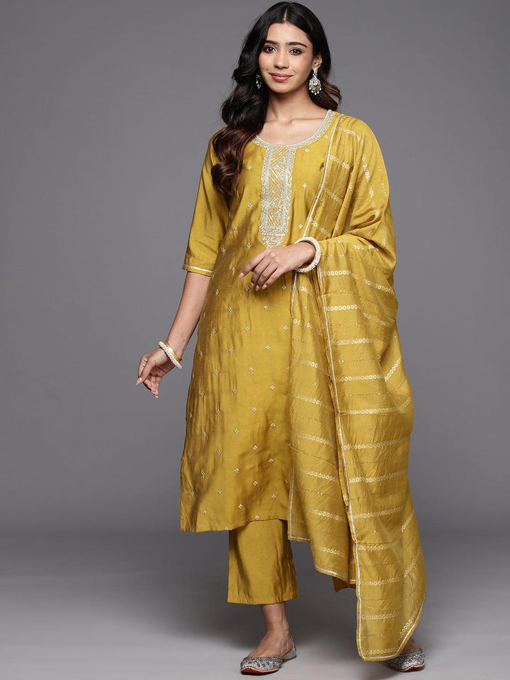 Yellow Embroidered Silk Blend Straight Kurta With Trousers & Dupatta - Libas