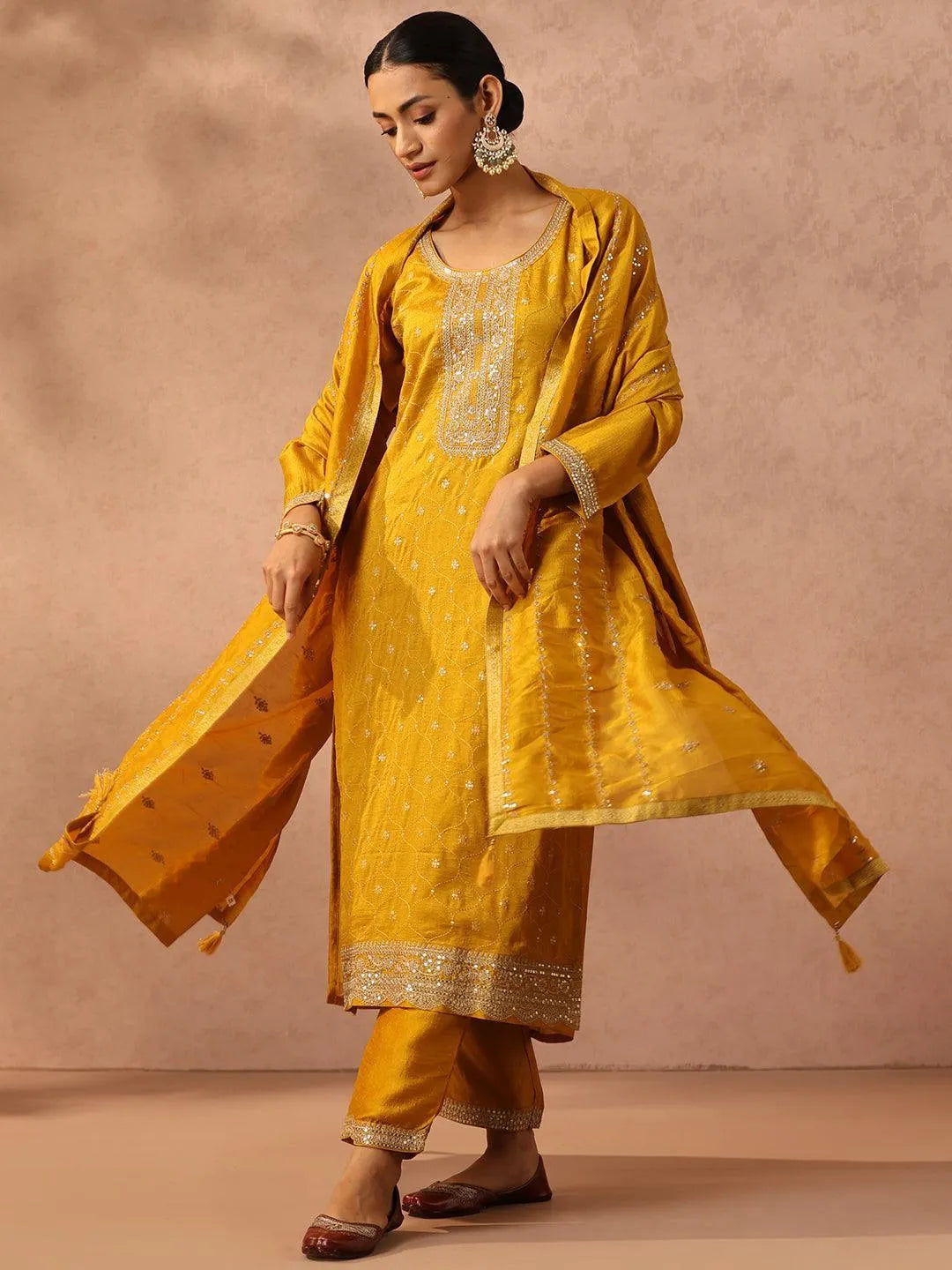 Yellow Embroidered Silk Blend Suit Set With Trousers