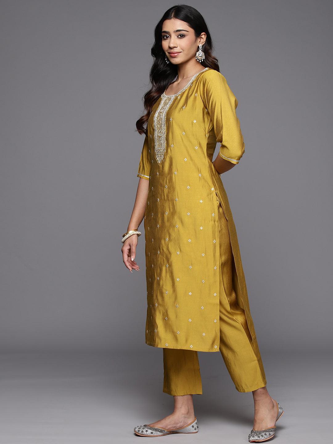 Yellow Embroidered Silk Blend Straight Suit With Dupatta