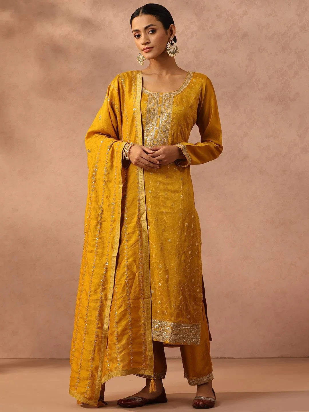 Yellow Embroidered Silk Blend Suit Set With Trousers - ShopLibas