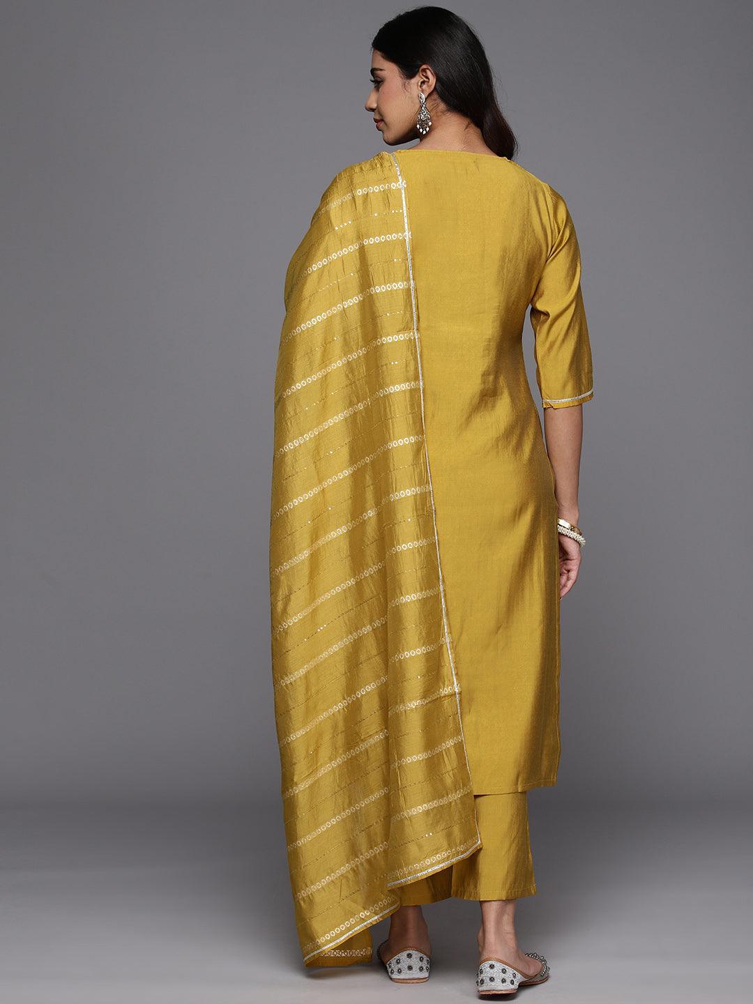 Yellow Embroidered Silk Blend Straight Suit With Dupatta