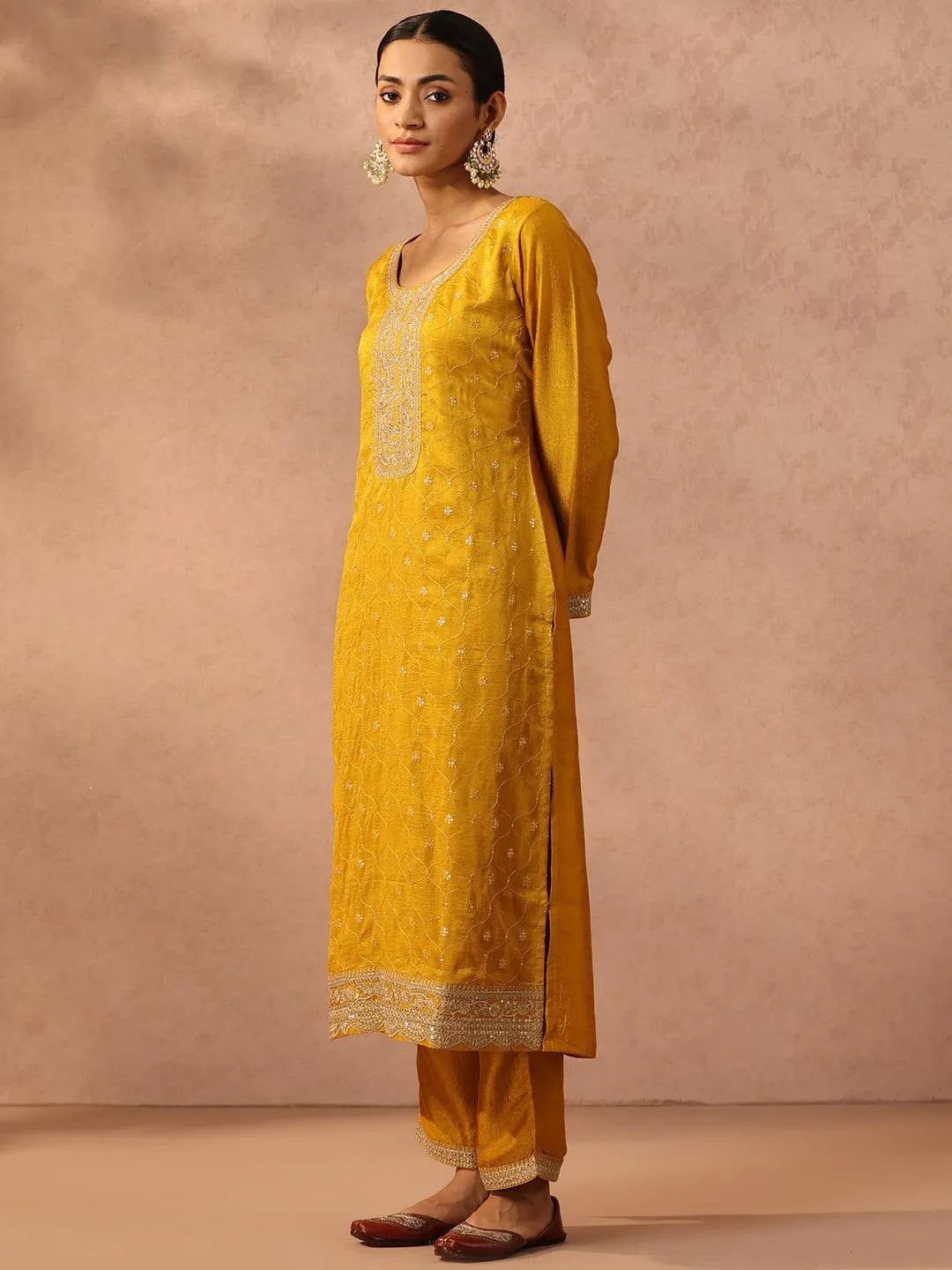 Yellow Embroidered Silk Blend Suit Set With Trousers - ShopLibas