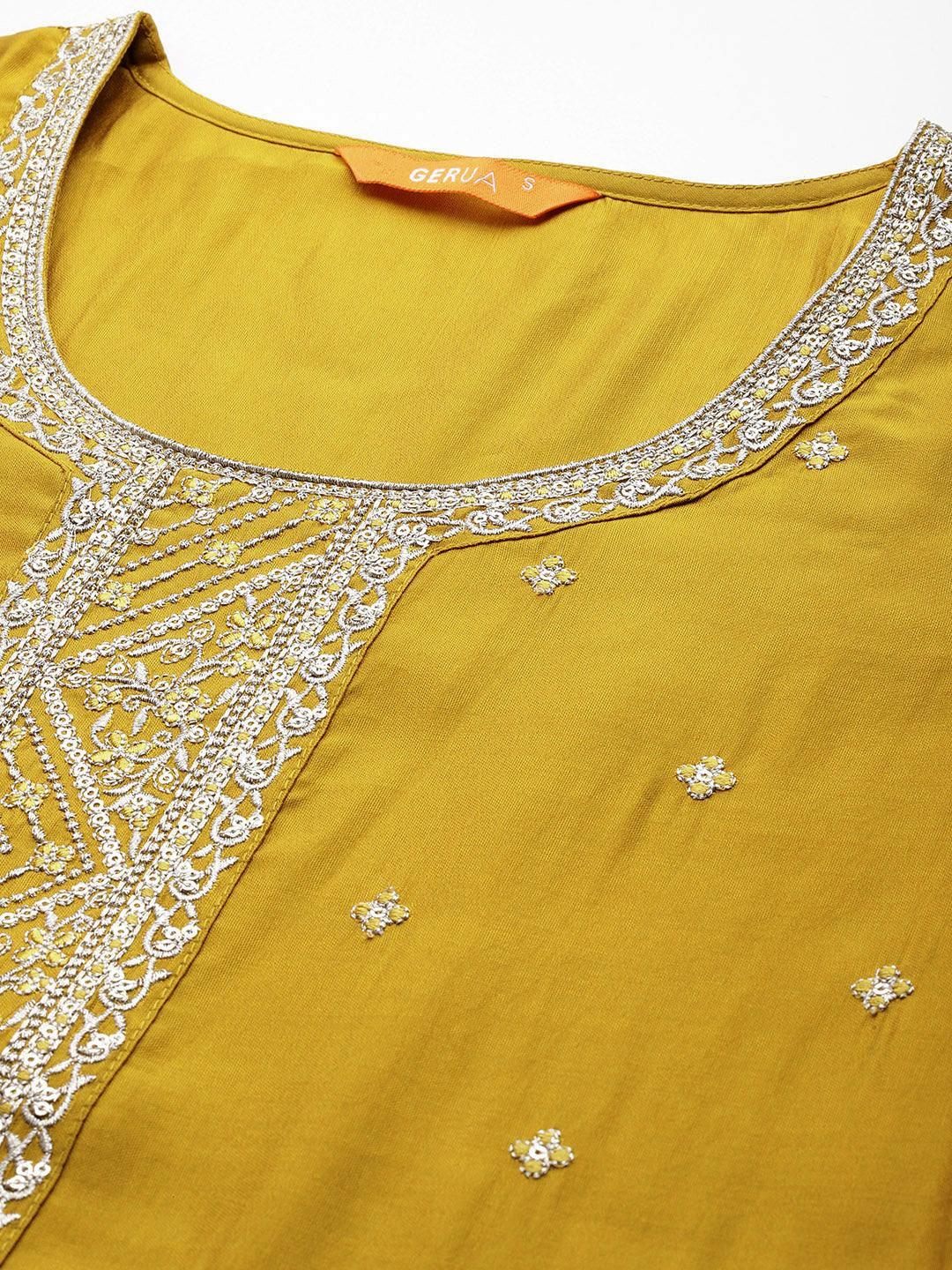 Yellow Embroidered Silk Blend Straight Suit With Dupatta