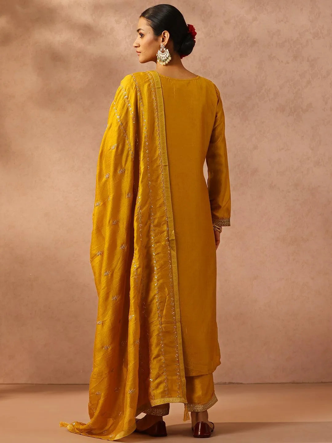 Yellow Embroidered Silk Blend Suit Set With Trousers