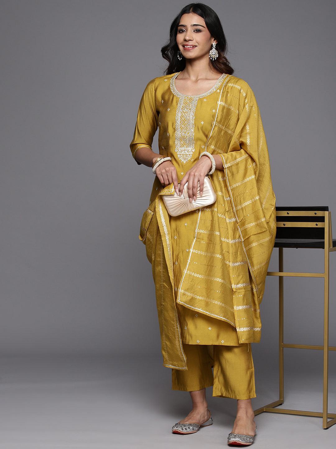 Yellow Embroidered Silk Blend Straight Suit With Dupatta