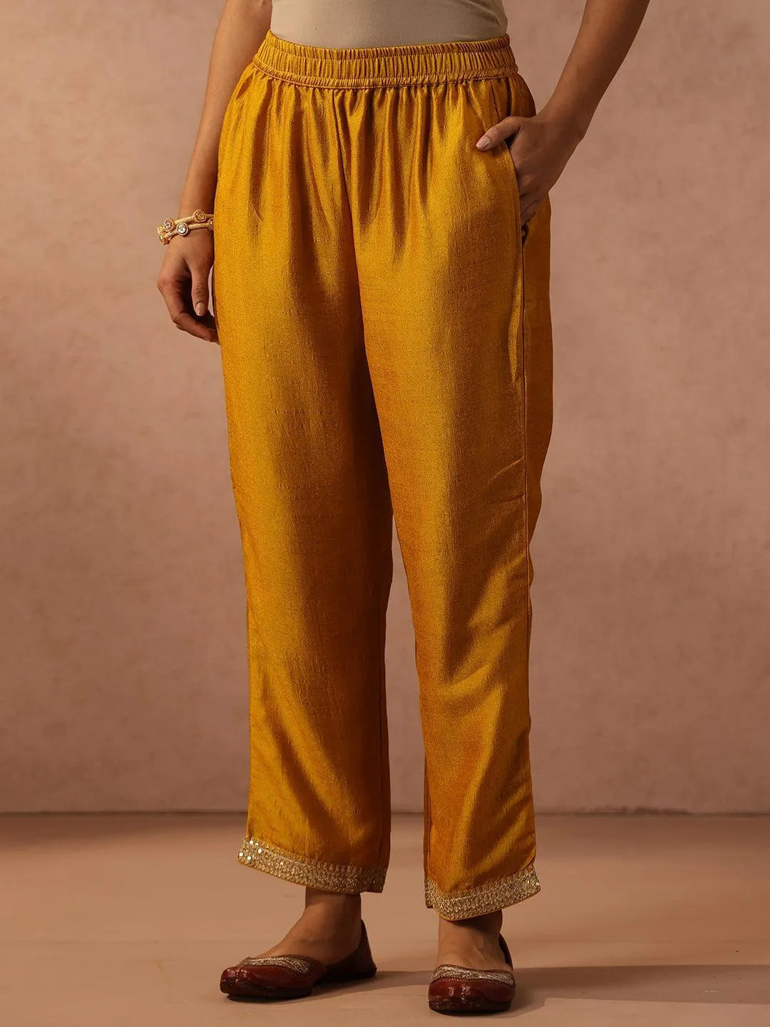 Yellow Embroidered Silk Blend Suit Set With Trousers