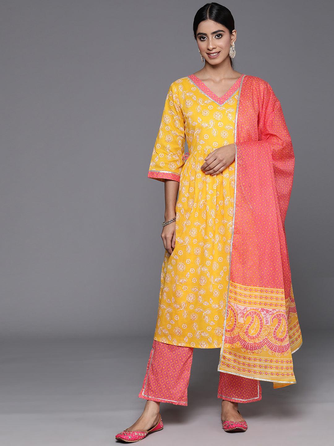 Yellow Printed Cotton A-Line Kurta With Palazzos & Dupatta