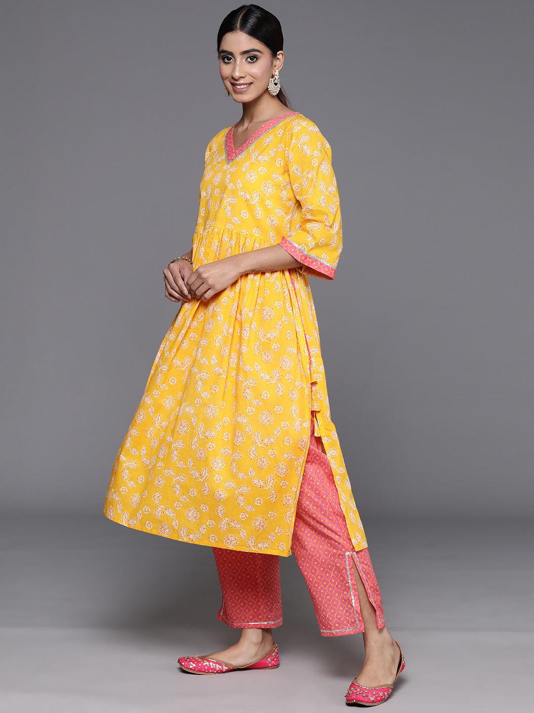 Yellow Printed Cotton A-Line Kurta With Palazzos & Dupatta - ShopLibas