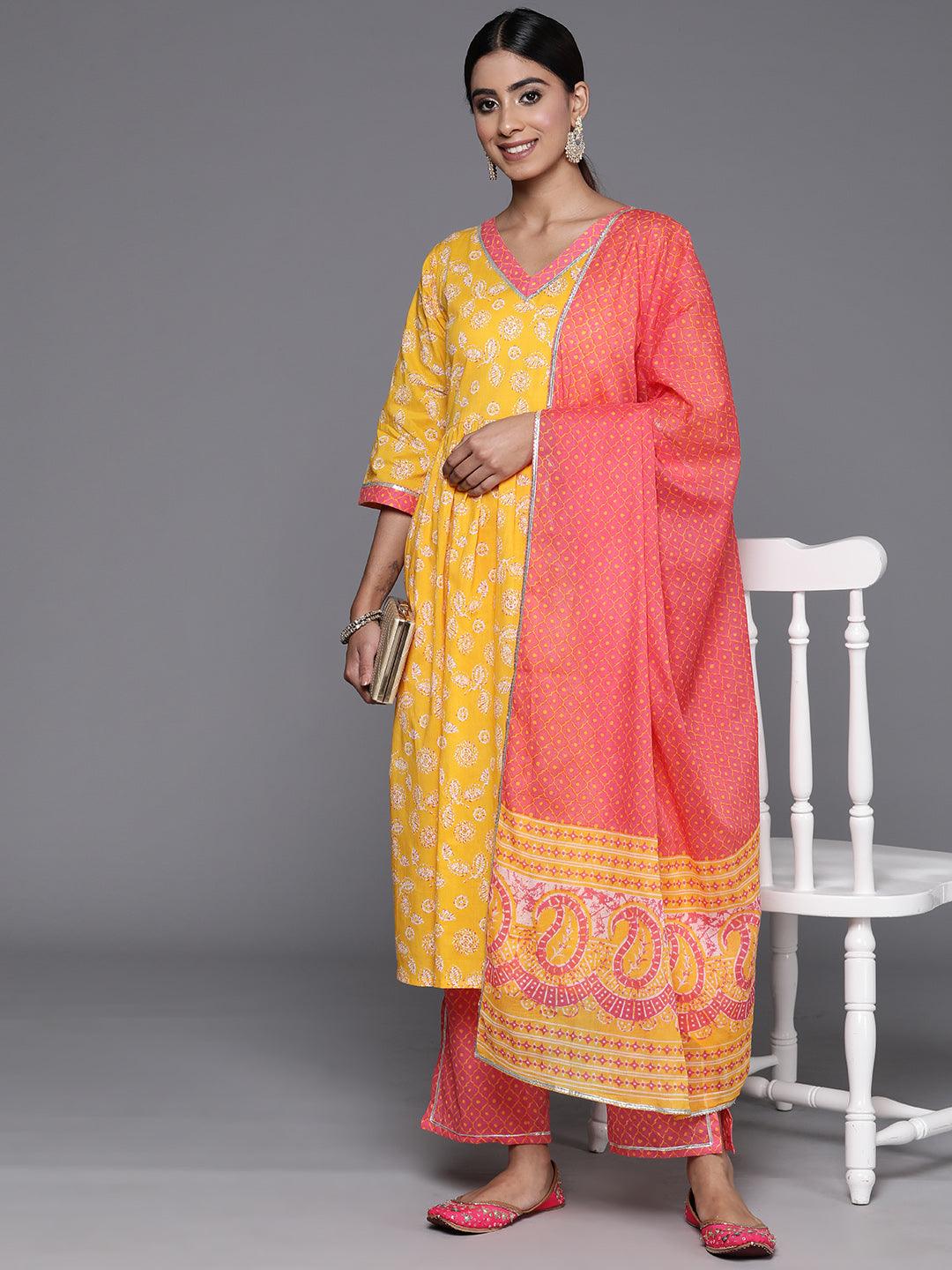 Yellow Printed Cotton A-Line Kurta With Palazzos & Dupatta - ShopLibas