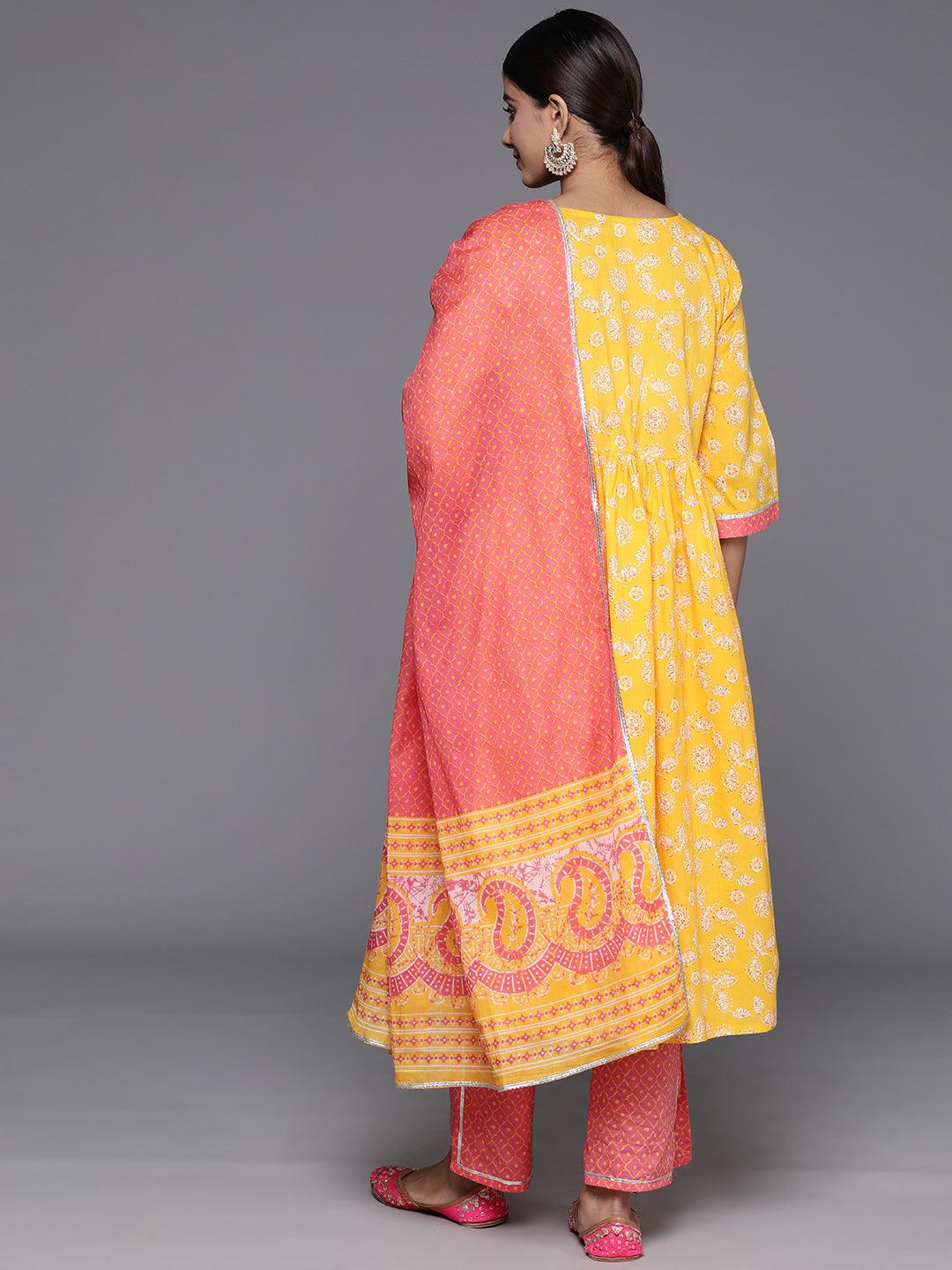 Yellow Printed Cotton A-Line Kurta With Palazzos & Dupatta