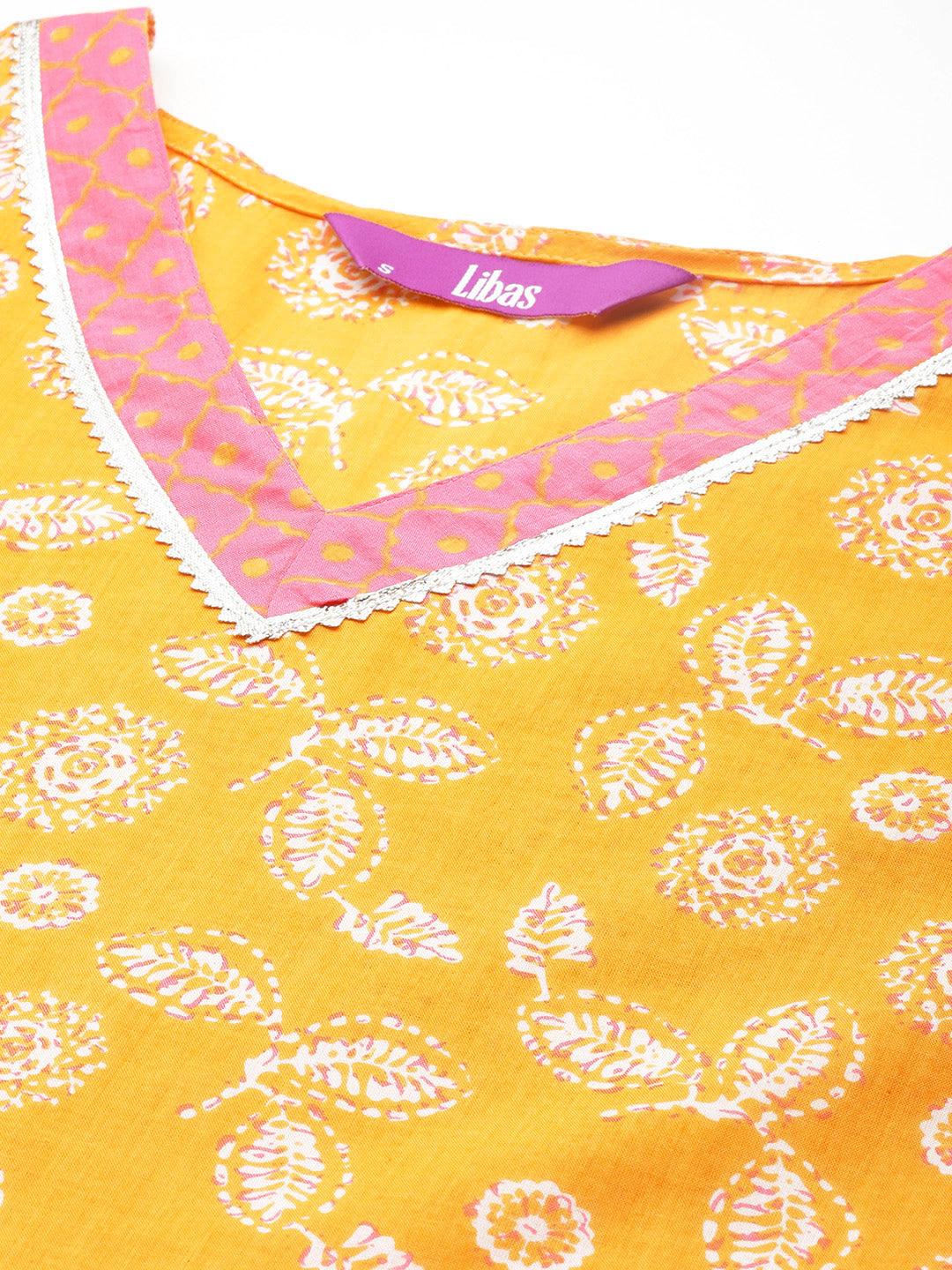 Yellow Printed Cotton A-Line Kurta With Palazzos & Dupatta