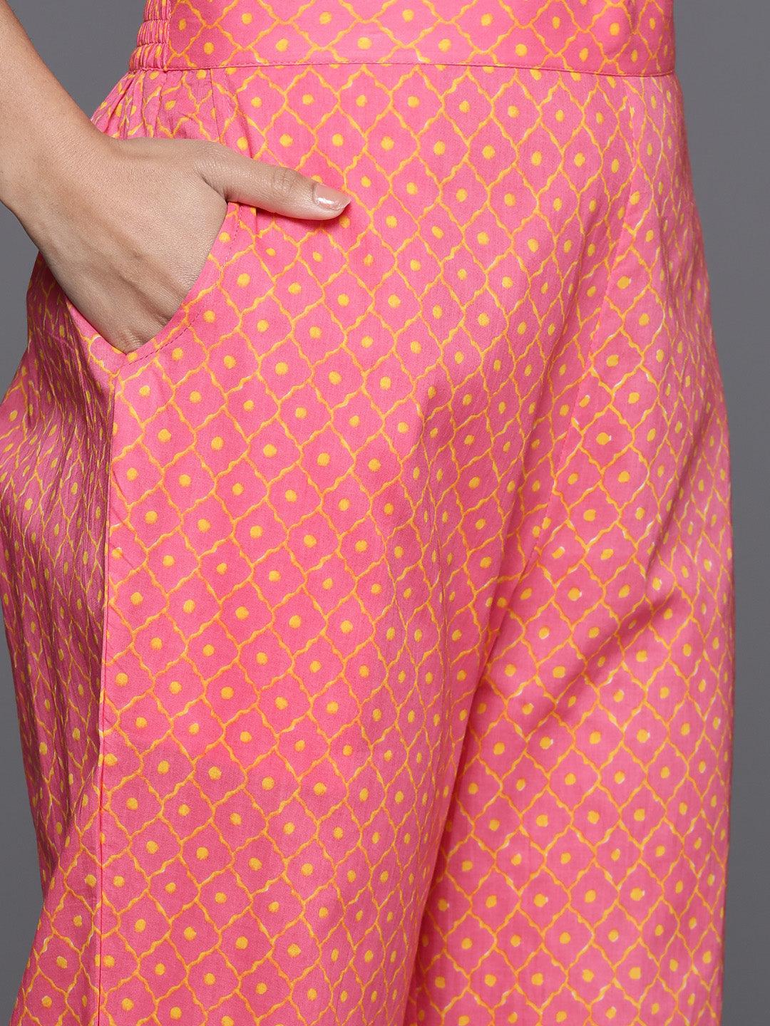 Yellow Printed Cotton A-Line Kurta With Palazzos & Dupatta