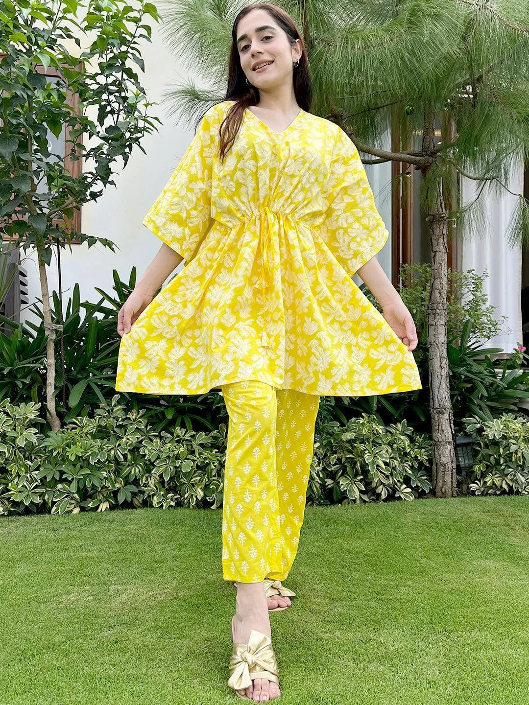 Yellow Printed Cotton Night Suit