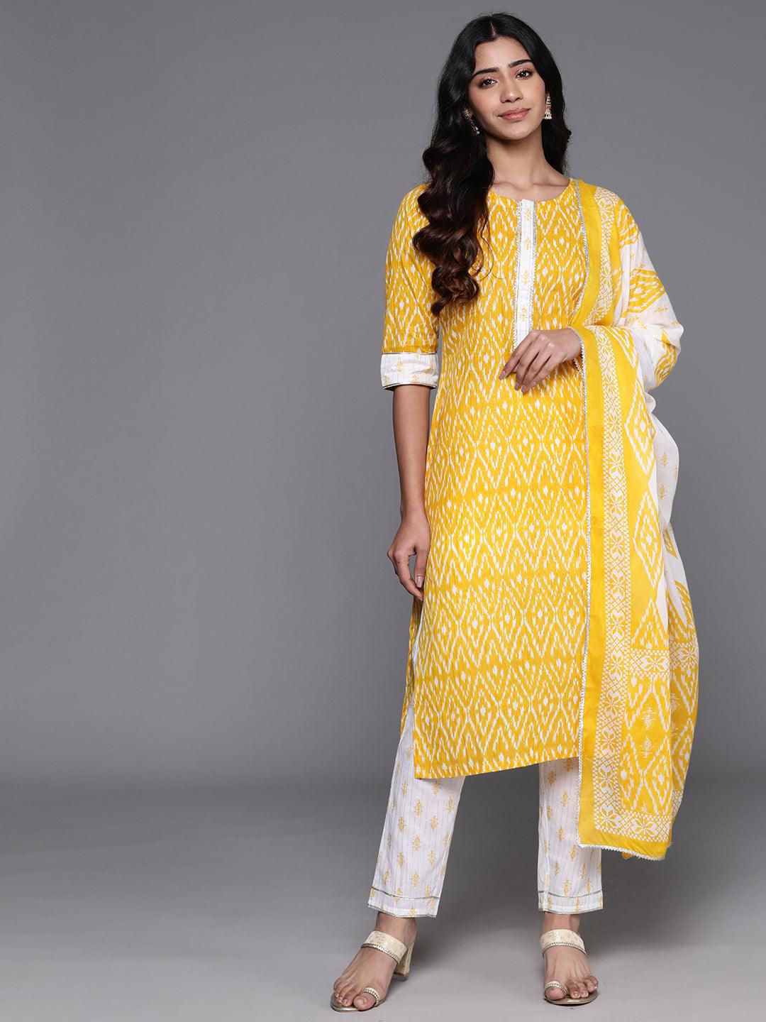 Yellow Printed Cotton Straight Suit With Dupatta