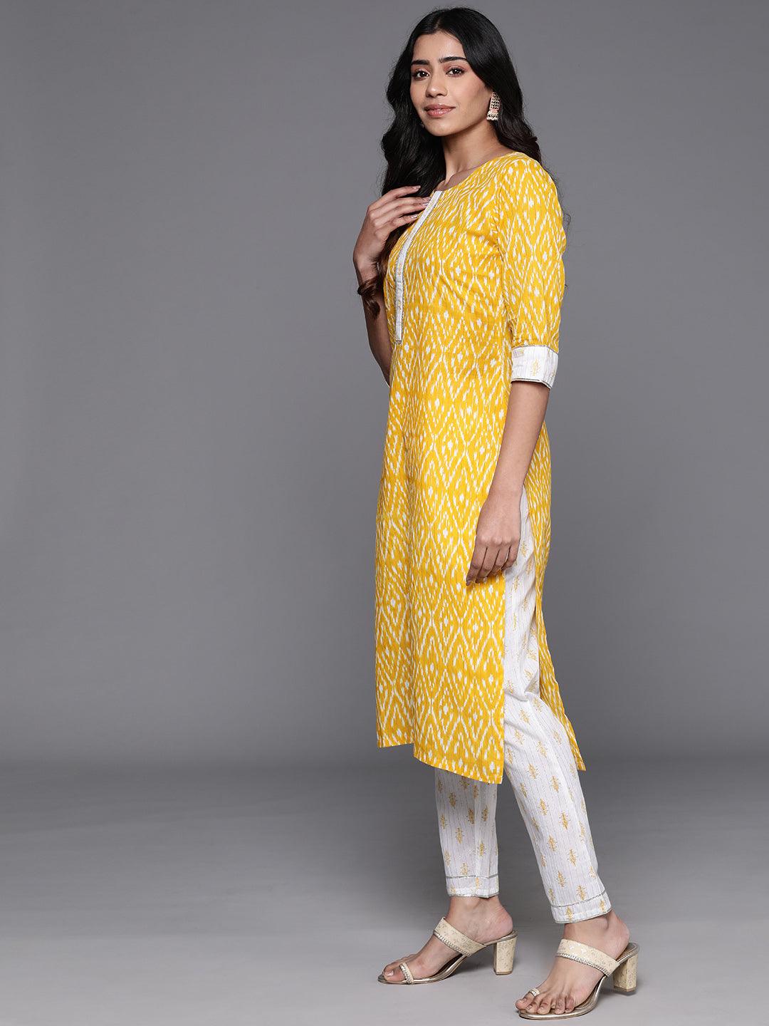 Yellow Printed Cotton Straight Suit With Dupatta