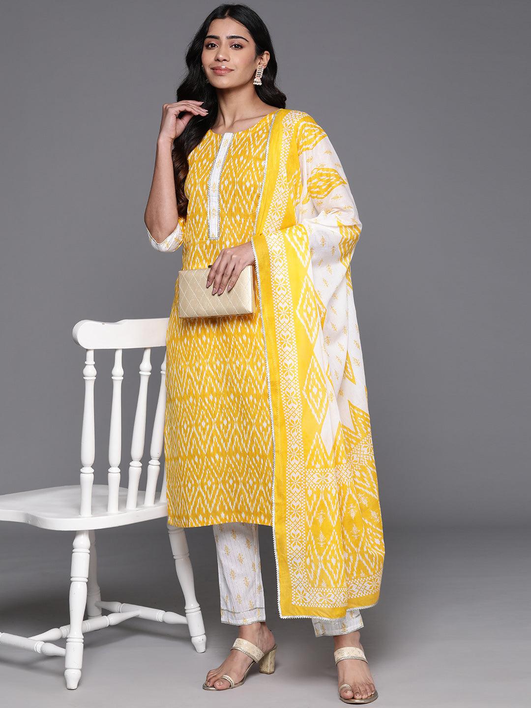 Yellow Printed Cotton Straight Suit With Dupatta