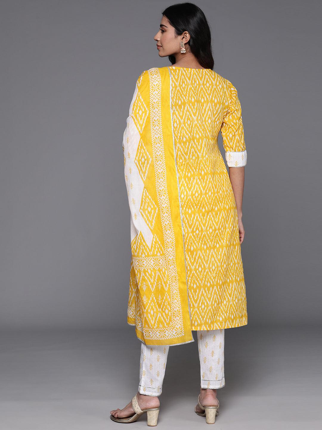 Yellow Printed Cotton Straight Suit With Dupatta