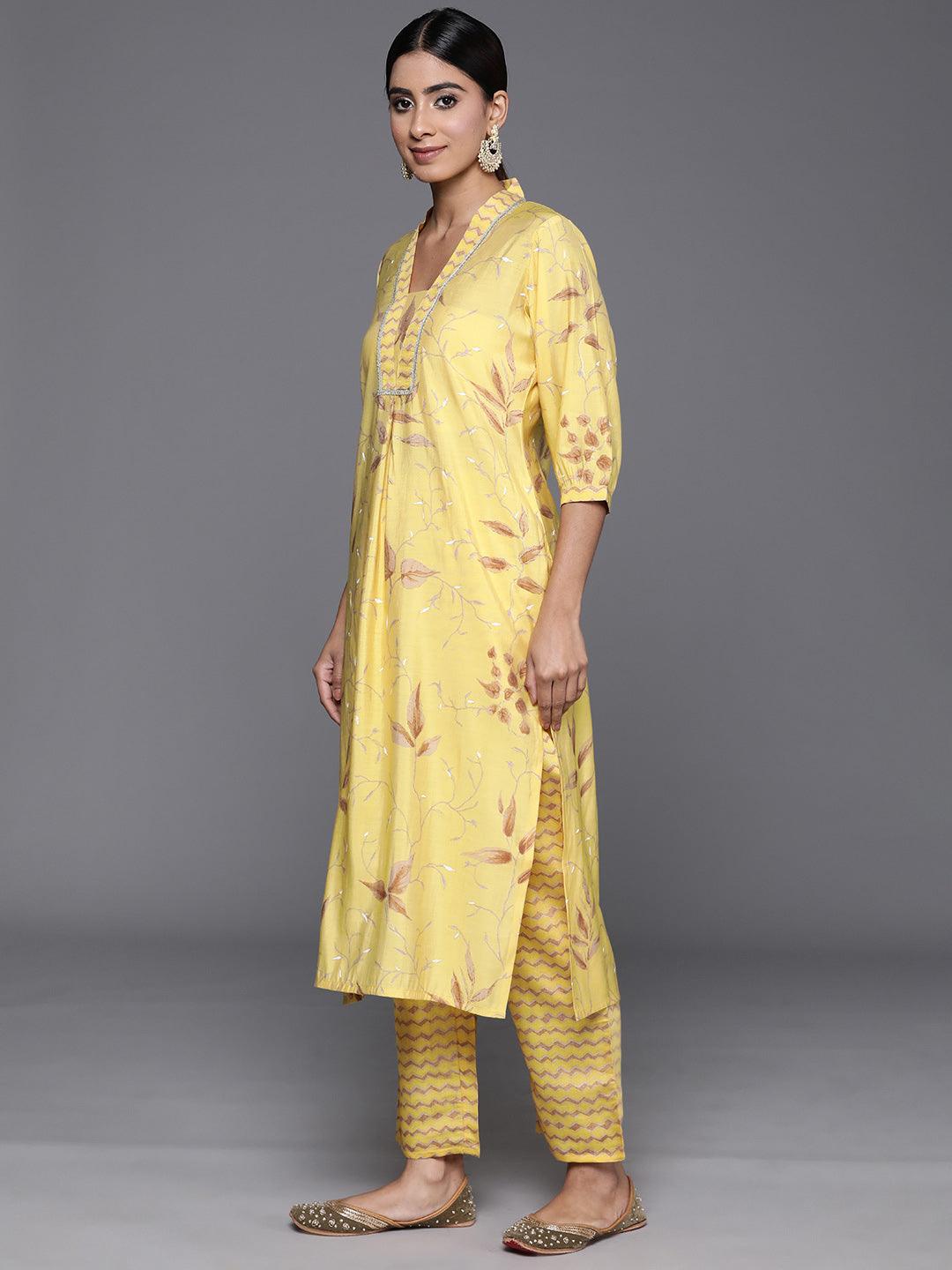 Yellow Printed Silk Blend Straight Kurta Set