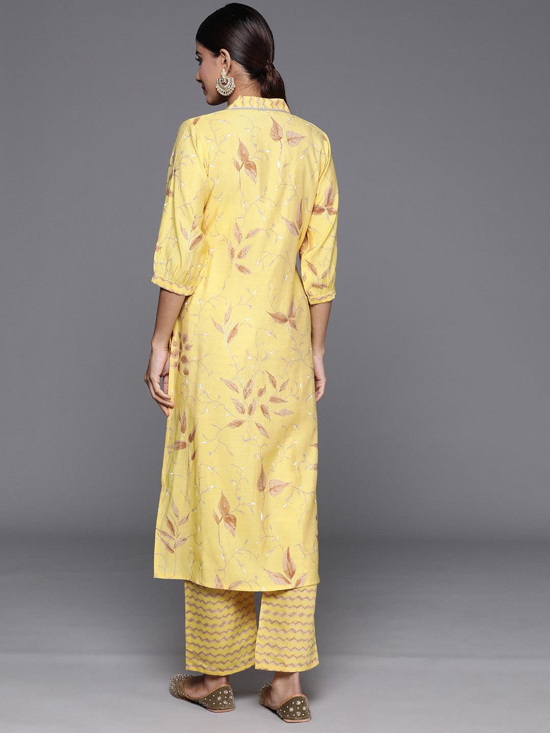 Yellow Printed Silk Blend Straight Kurta Set