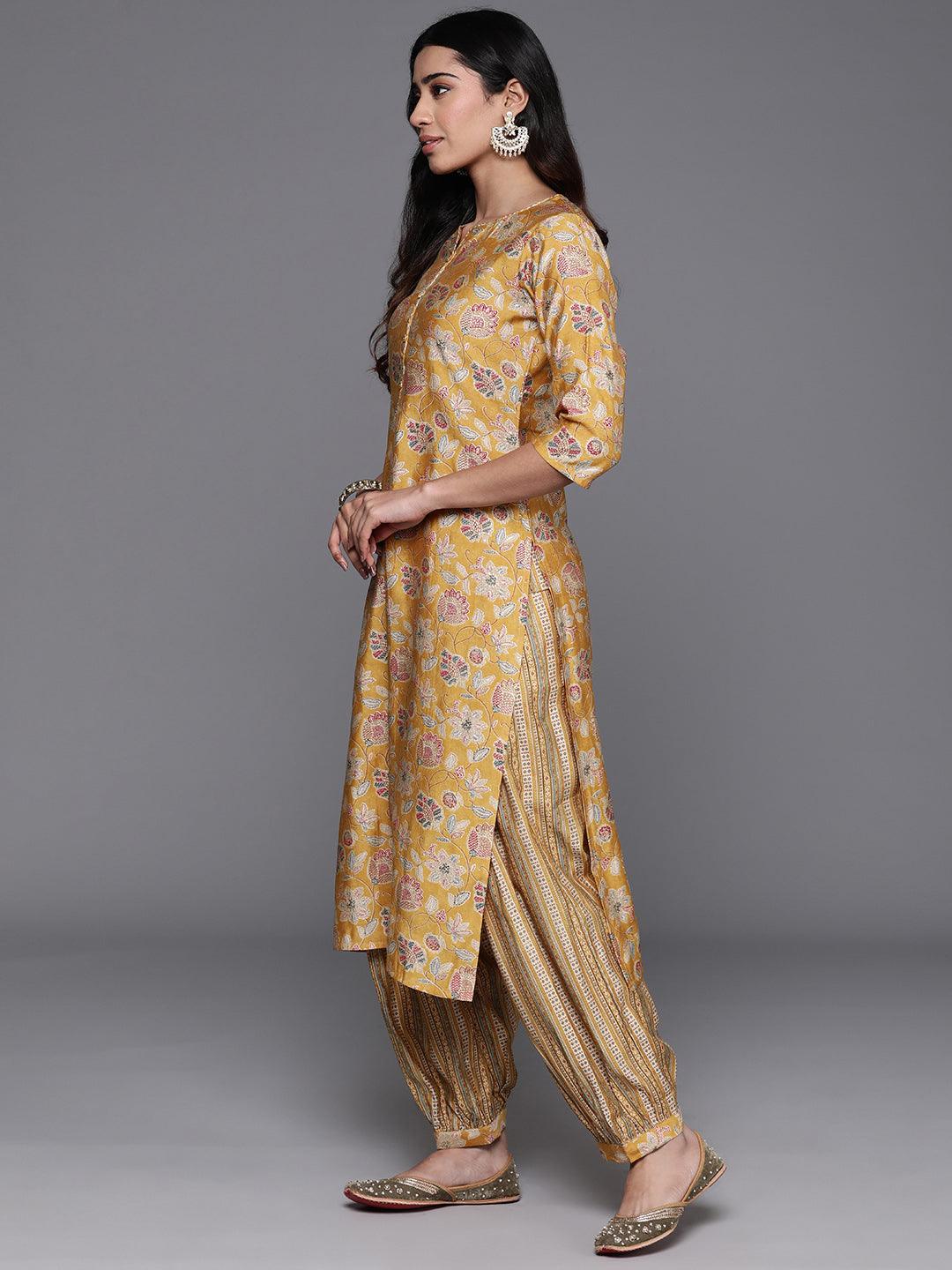 Yellow Printed Silk Blend Straight Kurta With Salwar - ShopLibas