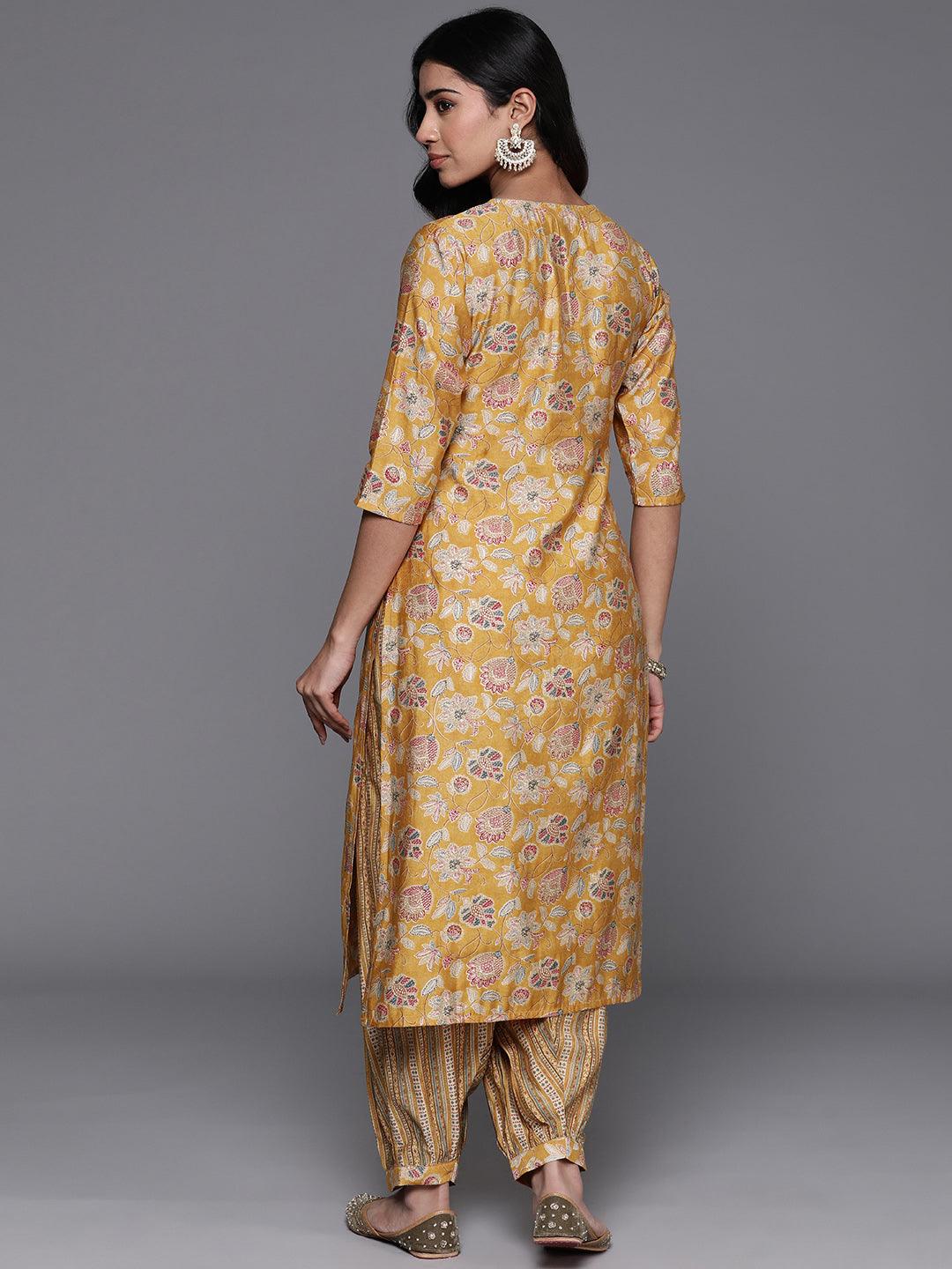 Yellow Printed Silk Blend Straight Kurta With Salwar - ShopLibas