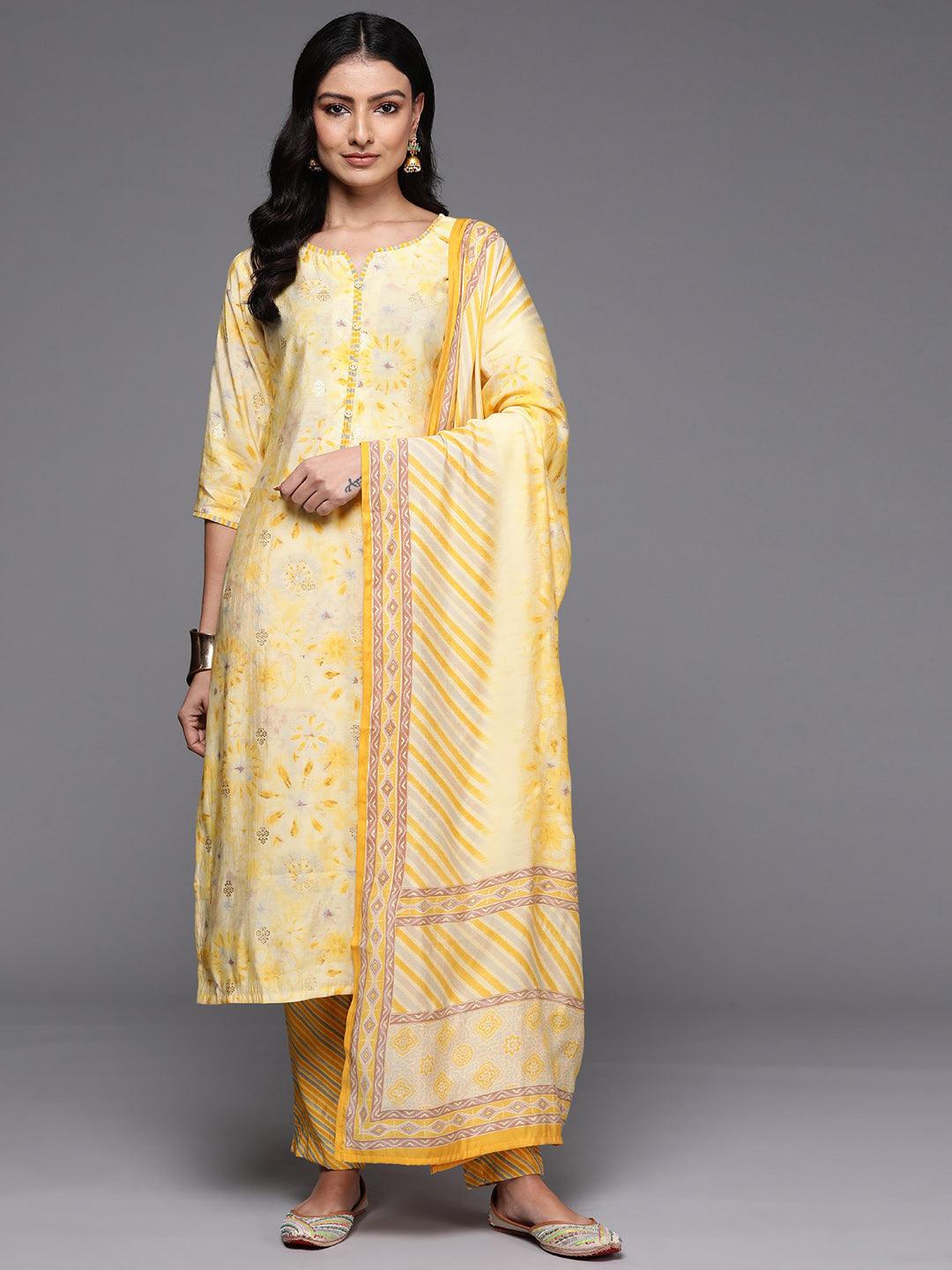 Yellow Printed Silk Blend Straight Suit With Dupatta