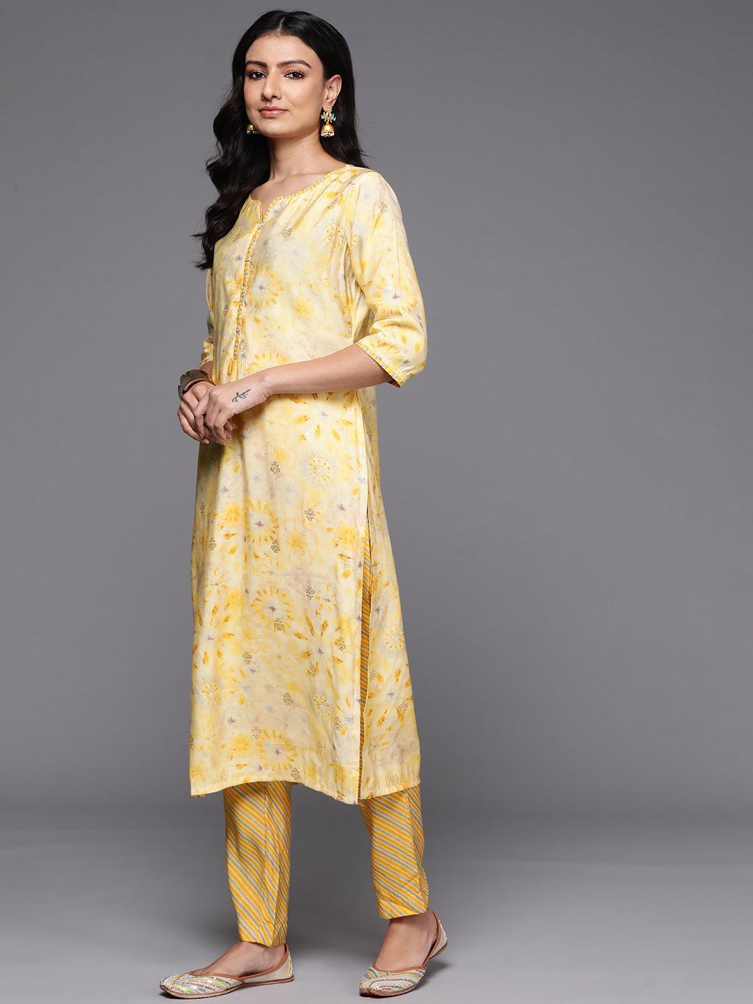 Yellow Printed Silk Blend Straight Suit With Dupatta