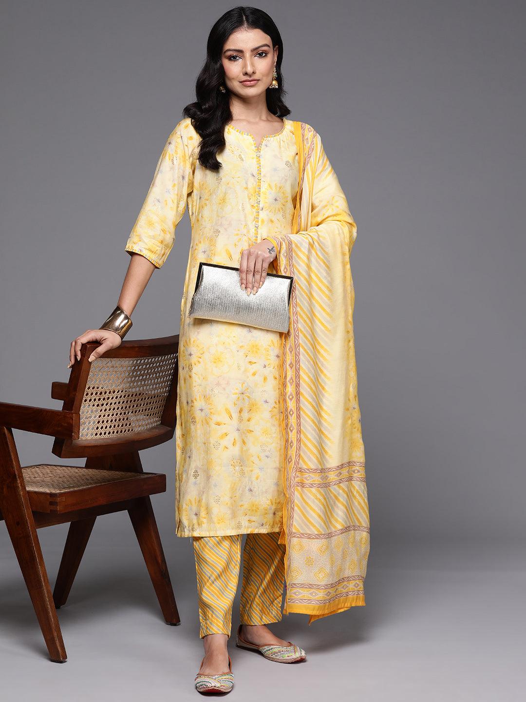 Yellow Printed Silk Blend Straight Suit With Dupatta