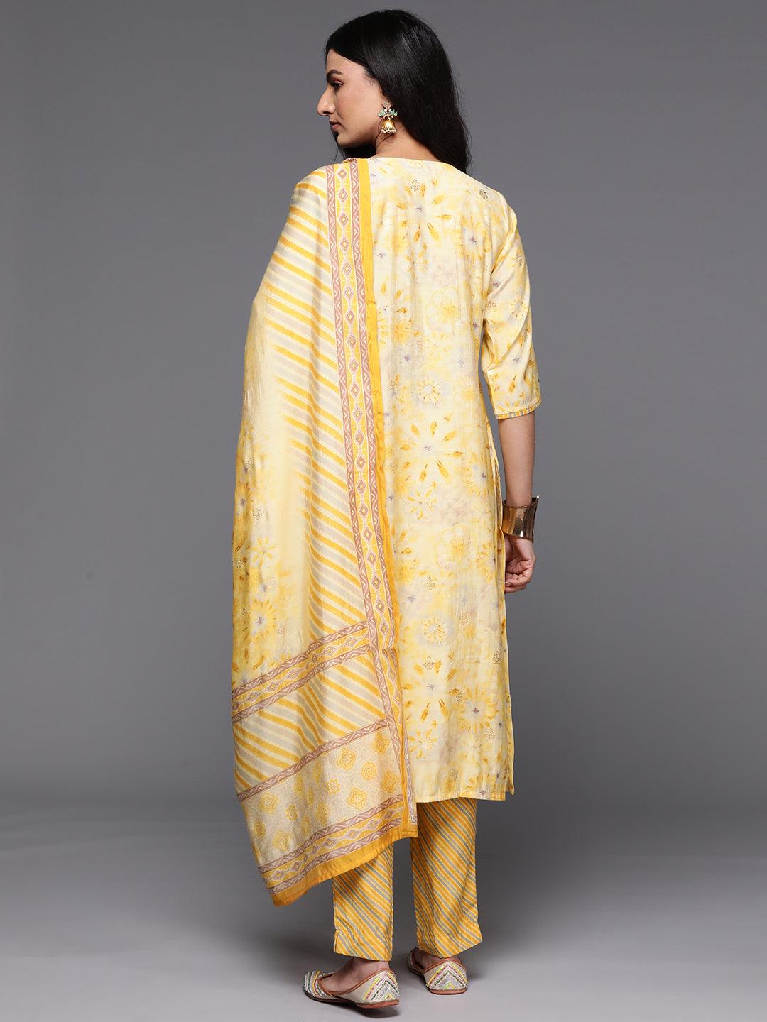 Yellow Printed Silk Blend Straight Suit With Dupatta