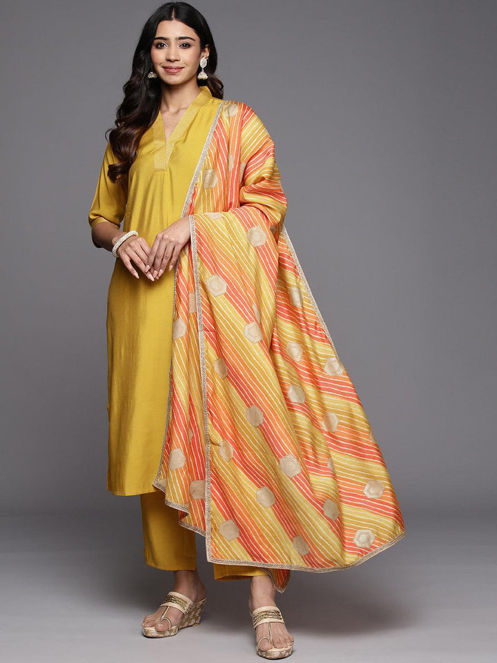 Yellow Solid Silk Blend Straight Kurta With Trousers & Dupatta - Libas