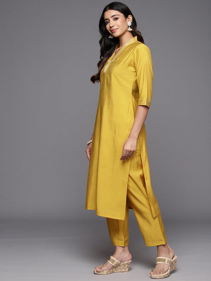 Yellow Solid Silk Blend Straight Kurta With Trousers & Dupatta - Libas