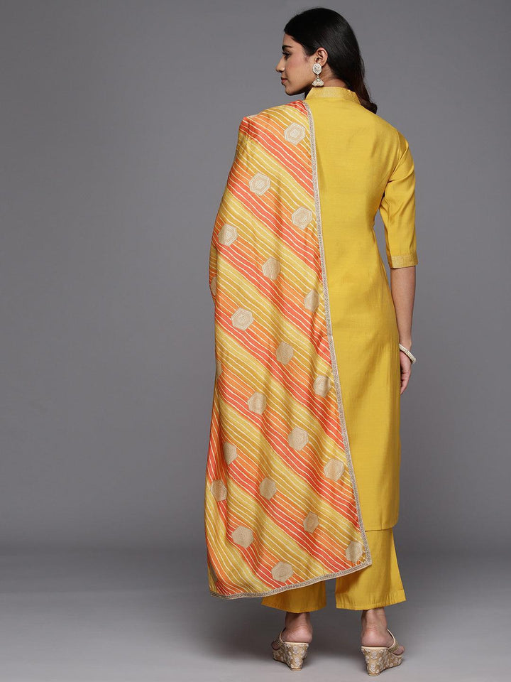 Yellow Solid Silk Blend Straight Kurta With Trousers & Dupatta - Libas