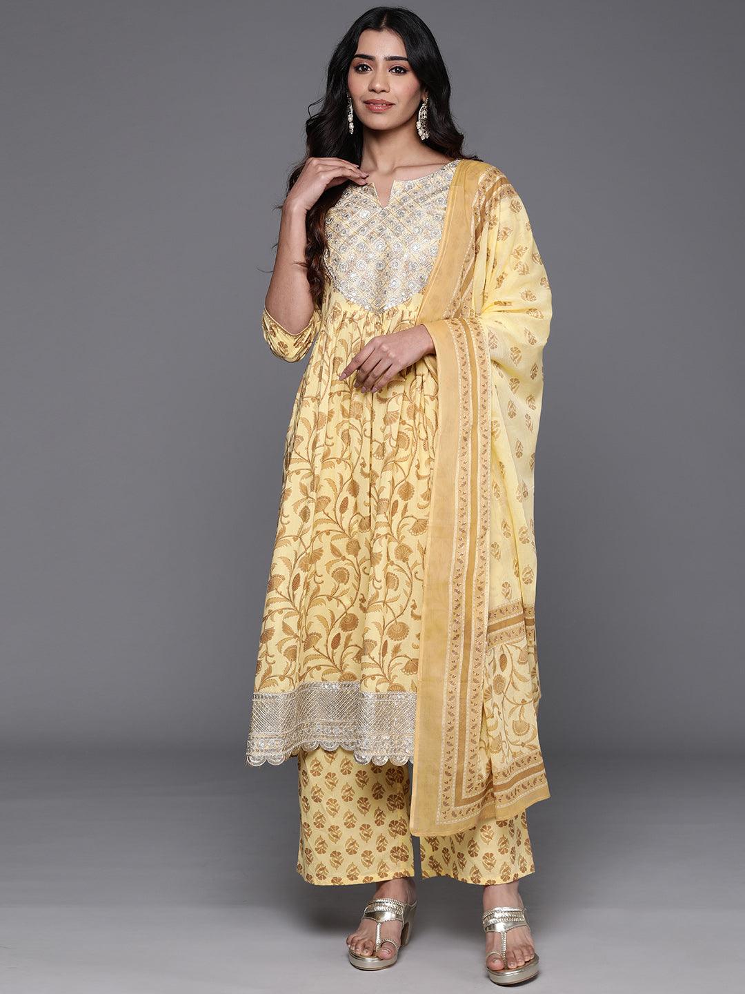 Yellow Yoke Design Cotton A-Line Kurta With Palazzos & Dupatta