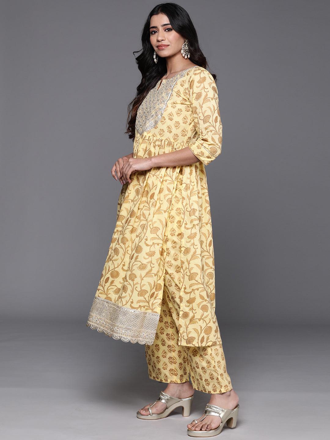 Yellow Yoke Design Cotton A-Line Kurta With Palazzos & Dupatta