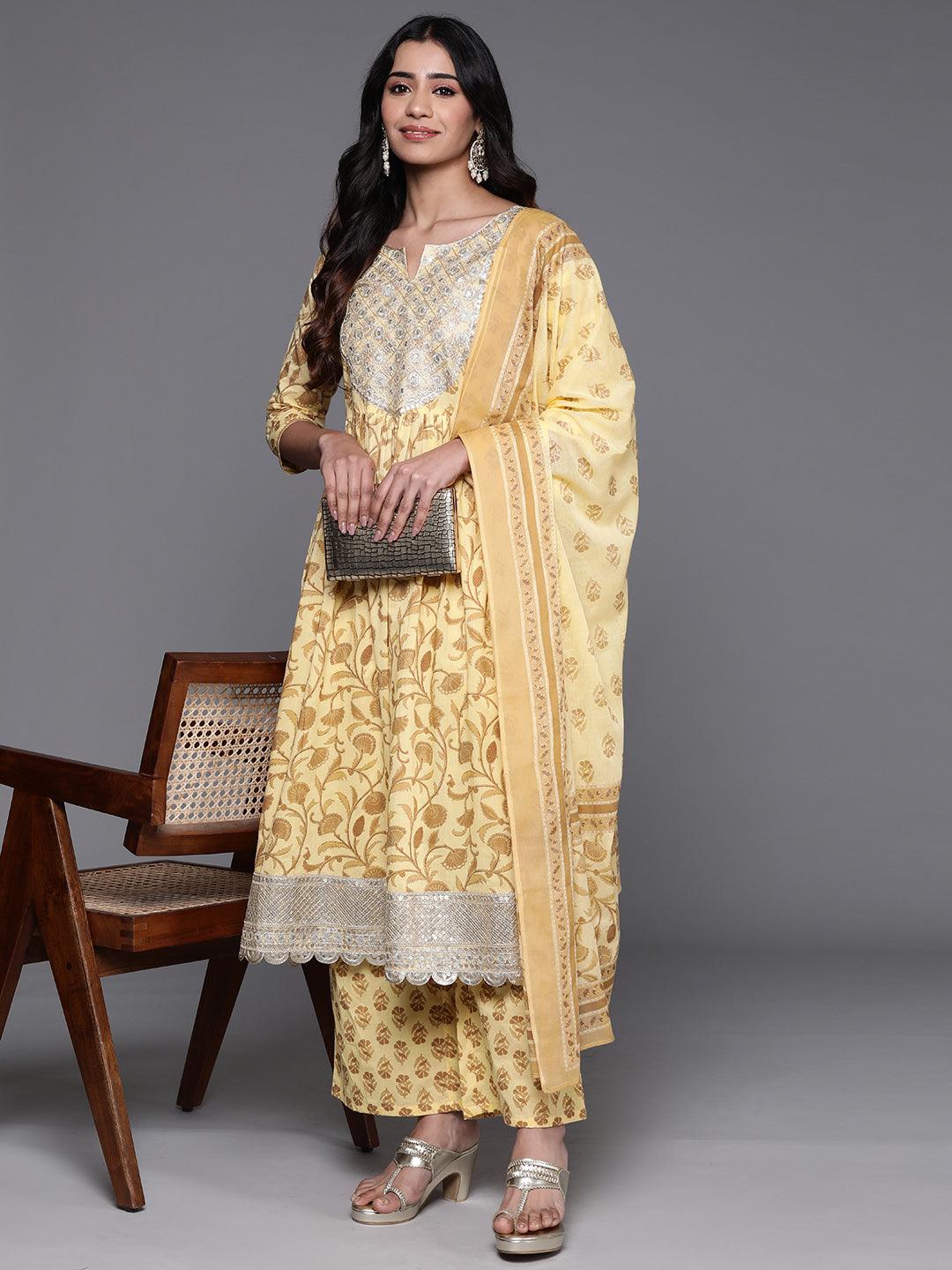 Yellow Yoke Design Cotton A-Line Kurta With Palazzos & Dupatta