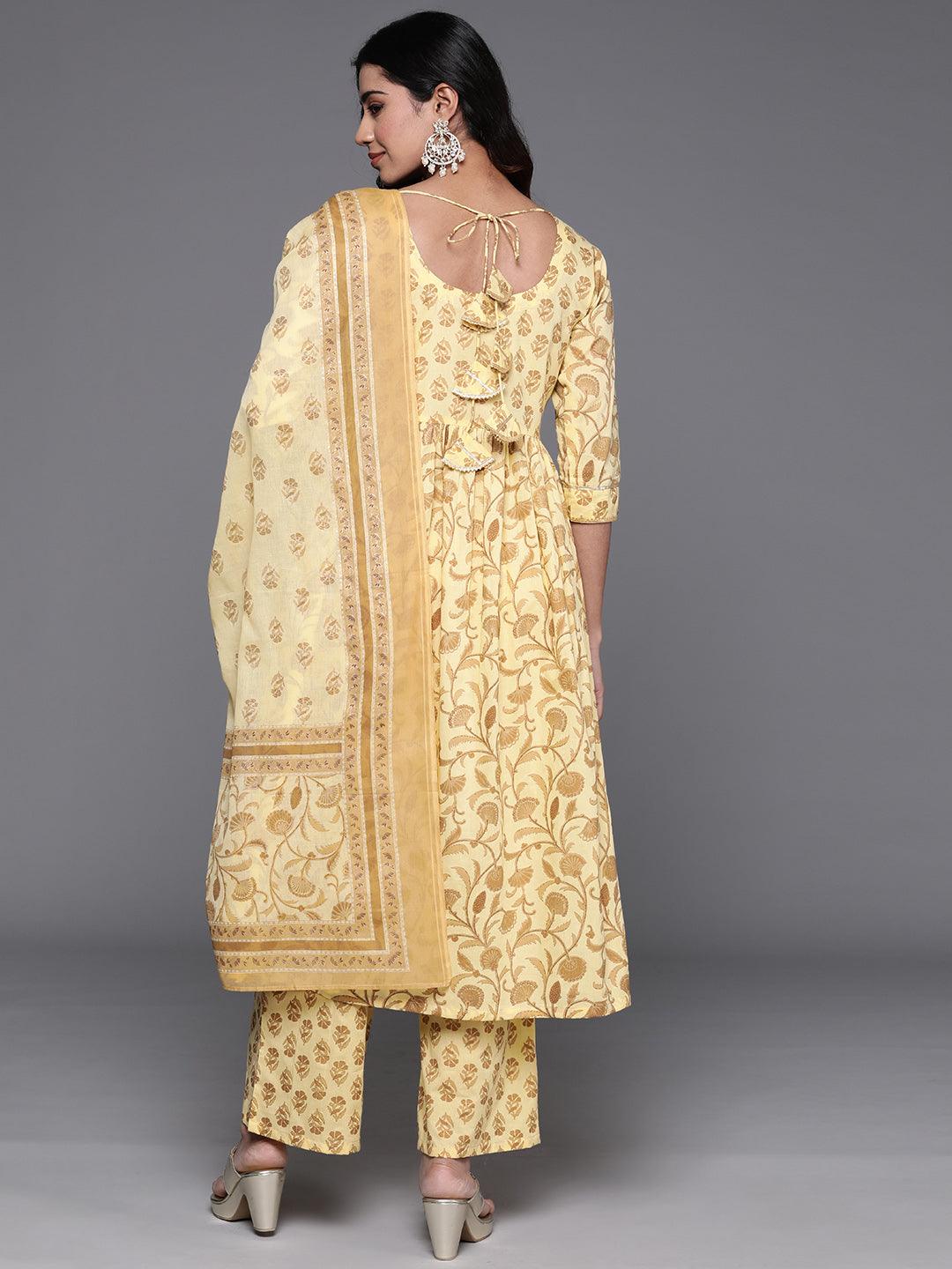 Yellow Yoke Design Cotton A-Line Kurta With Palazzos & Dupatta