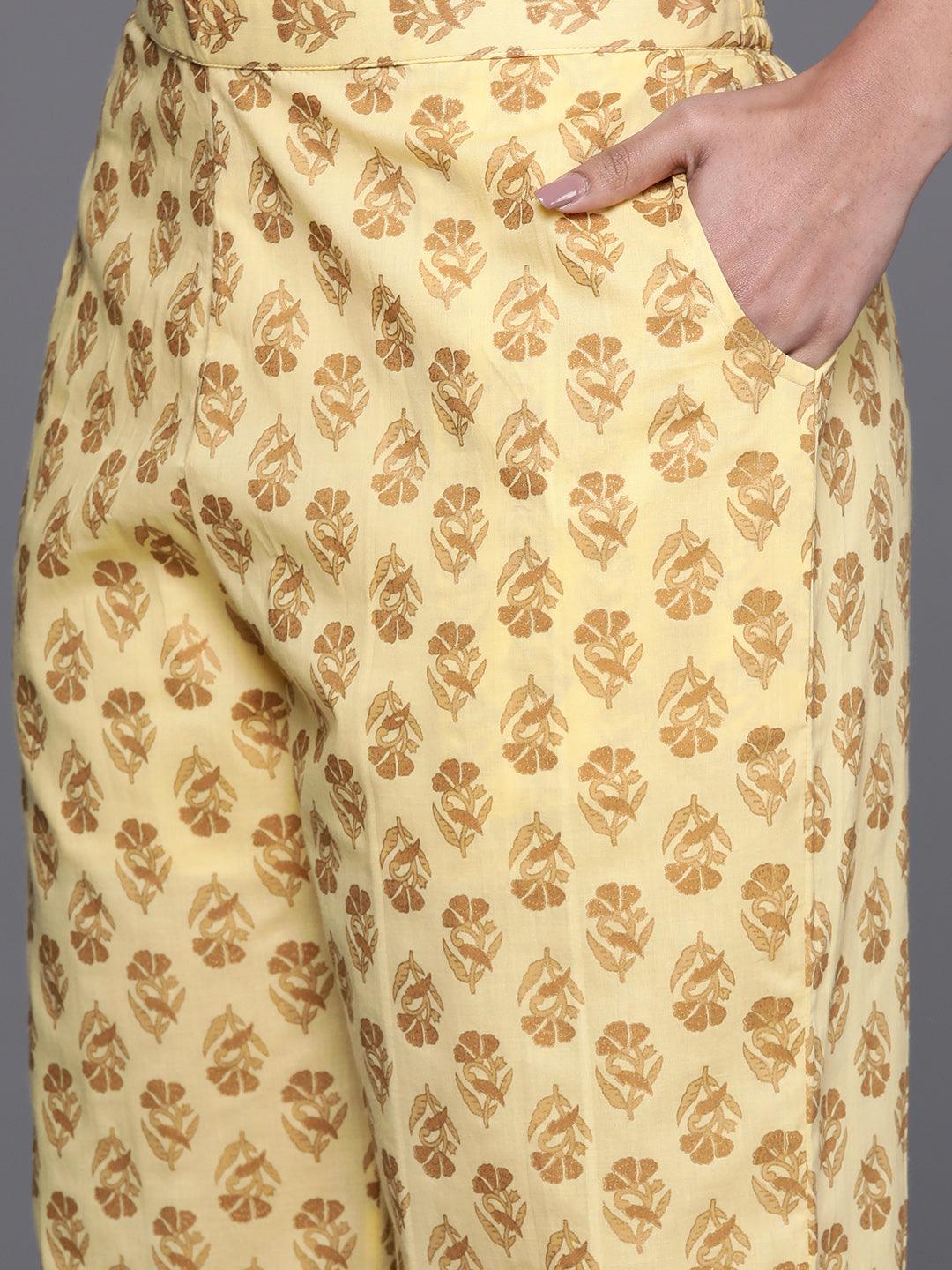 Yellow Yoke Design Cotton A-Line Kurta With Palazzos & Dupatta - ShopLibas