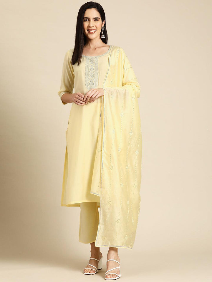 Yellow Yoke Design Silk Blend Straight Kurta With Trousers & Dupatta - Libas