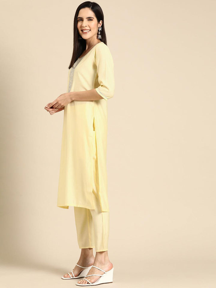 Yellow Yoke Design Silk Blend Straight Kurta With Trousers & Dupatta - Libas