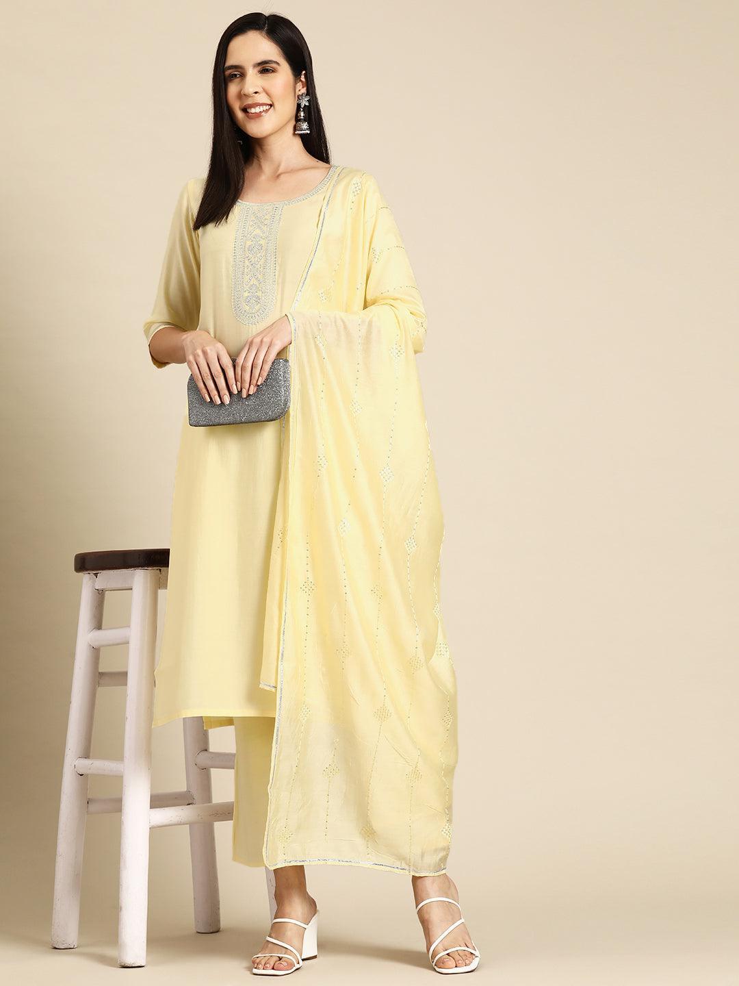 Yellow Yoke Design Silk Blend Straight Kurta With Trousers & Dupatta - Libas