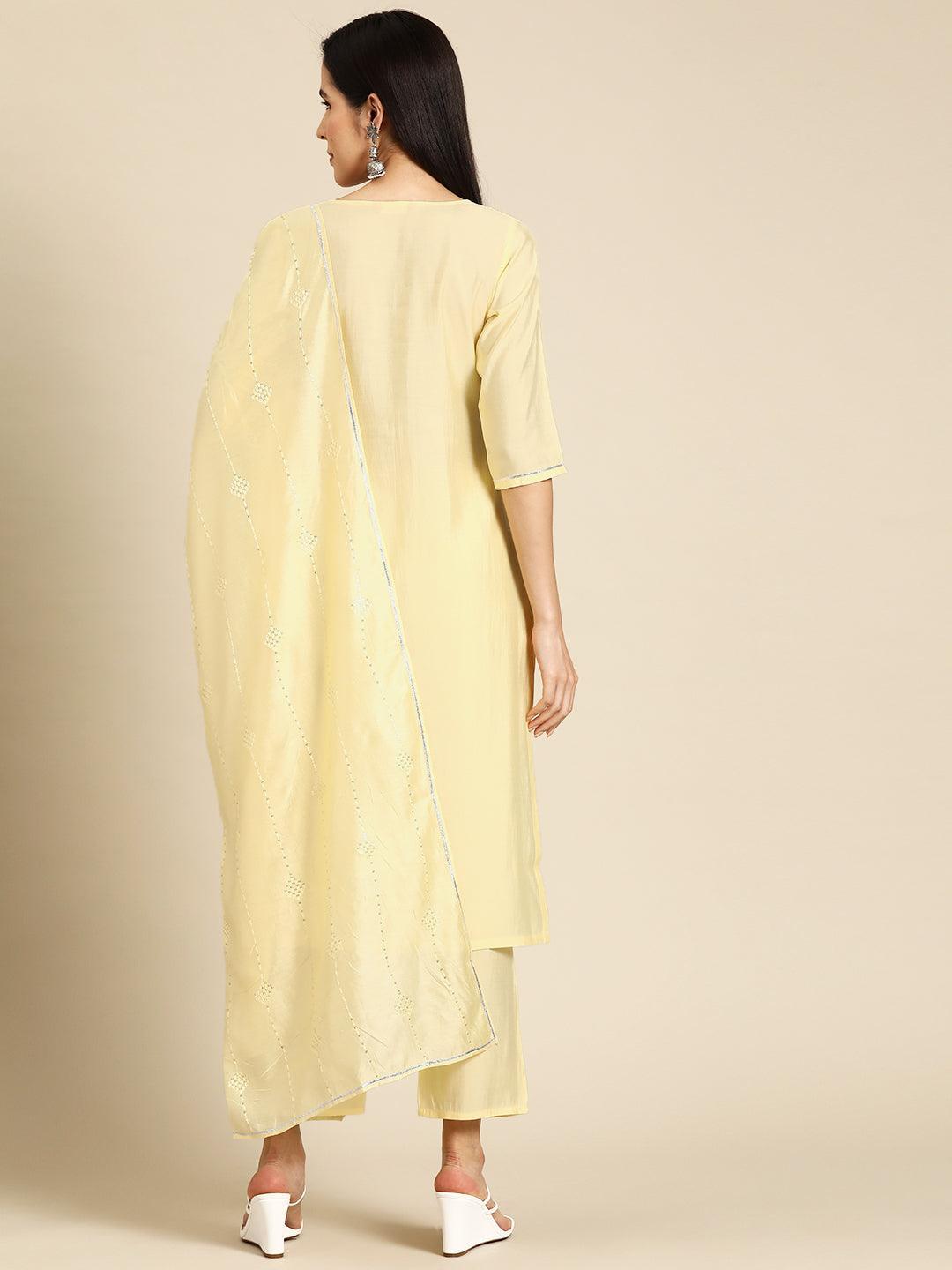 Yellow Yoke Design Silk Blend Straight Kurta With Trousers & Dupatta - Libas